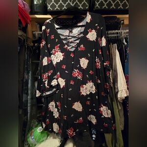 Floral Black top with Red and White Roses